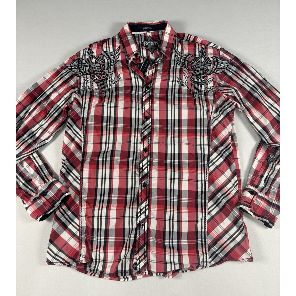 Roar Mens XL Plaid Button Up Shirt Embroidered‎ Graphic Long Sleeve Y2K